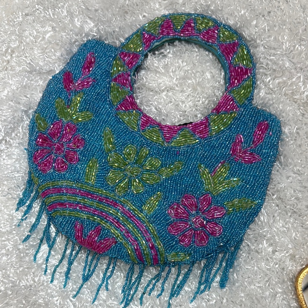 Vintage Beaded Clutch in Blue and Pink